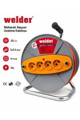 welder kablo 30 Metre Makaralı Seyyar Uzatma Kablosu 3x2,5 mm² 4 Prizli 16A