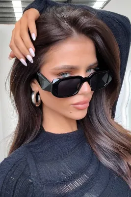 Chunky Frame Jenniy Unisex Vintage Siyah Dikdörtgen Güneş Gözlüğü