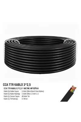 SGS CCA TTR Kablo 3x2.5 (3*2,5) Siyah Elektrik Kablosu 1 Metre 48x0,18mm