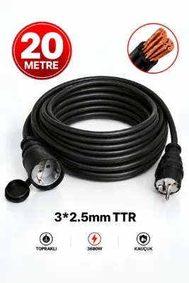 Aryes 20 Metre Uzatma Kablosu 3x2,5 mm² TTR Bakır Kablo Topraklı Tekli Kauçuk Priz 16A 3680W