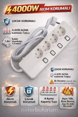 nelerbulurum 4 Ayrı Anahtarlı 1.2 metre Akım Korumalı Priz, 4'lü Priz, 4000W, 16A, 1400 Joule, Dörtlü Grup Priz