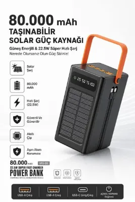TEKNOHANE 80000 m Ah Güneş Enerjili Powerbank PD 22.5Watt Hızlı Şarj Kendinden Kablolu Powerbank