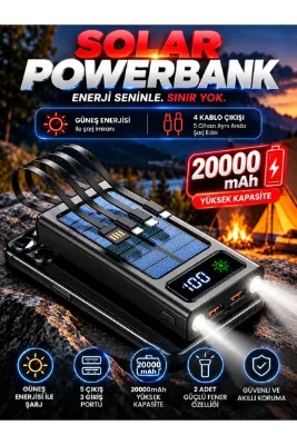 Moxti 20000mAh Güneş Enerjili Powerbank | PD 22.5W Hızlı Şarj | Dahili Type-C & Lightning Kablo