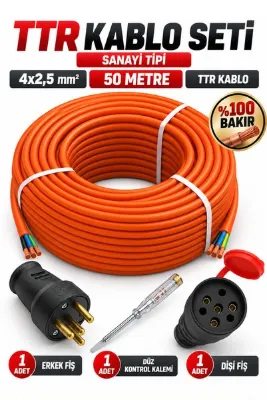 Badem10 Sanayi Tipi 4x2,5 TTR Kablo 50 Metre %100 Bakır Erkek Dişi Fiş Düz Kontrol Kalemi Seyyar Seti