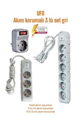UFO Akım korumalı grup (((set )))((tekli-3lü-6lı))) 3 lü Gri renk 2500 watt