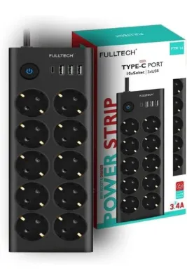NeKuBa Type-C Port Girişli Akım Korumalı 10'lu Priz,3 USB, Isıya Dayanıklı, Grup Priz, Çoklu Uzatma Kablo