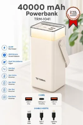 Torima Taşınabilir Batarya 40000 Mah Type-C Lightning Hızlı Şarj Rgb Işıklı 22,5W Powerbank TRM-1041 Beyaz
