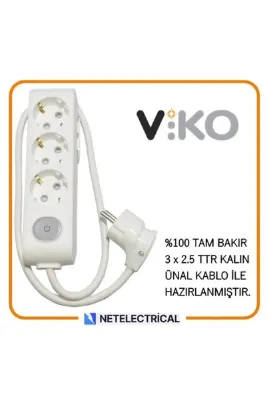 VİKO Multi-let 3'lü 5 Metre Anahtarlı Topraklı Ç.K (3x2.5 TTR TAM BAKIR KALIN KABLOLU) Grup Priz