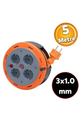 Badem10 Plastik Mini Kutulu TTR Kablo 5 Metre Makaralı Seyyar 3x1.0 mm CCA Monofaze Uzatma Kablosu 4 Priz