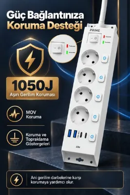 The Wlue 4'lü Ayrı Anahtarlı Çoklu Priz | 1050J Akım Koruma | 3680W | 16A | 2xUSB-C PD 20W | 2xUSB-A | 2 Metre