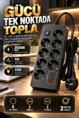 Merwish 8’li Akım Korumalı Çoklu Priz 2500W 10A – 2 USB-A 2 Type-C, 2 Metre Kablo, Açma Kapama Düğmeli