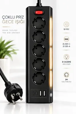 RAYLAX Gece Işıklı 5’li Akım Korumalı Çoklu Priz 2 USB-C + 2 USB-A 3 Kademeli 2M