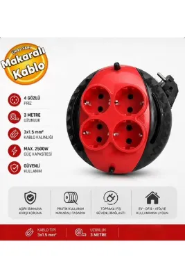 BULMAXX Bulmax BMX-1365 Mini Makaralı Kablo 3x1,5 mm 3 Metre 4 Gözlü Makaralı Kablo 3 Metre