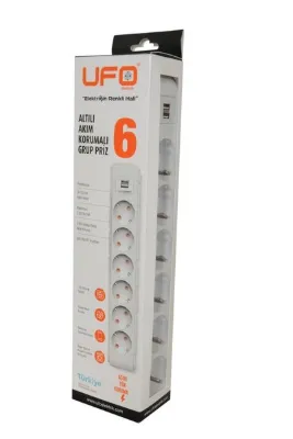 UFO Akım Korumalı Grup Priz 2 mt Beyaz 6’lı Ve 2’li Usb Şarj Aleti 2500 Watt