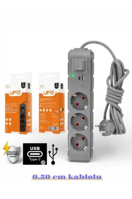 UFO Akım korumalı grup priz 0.50 cm kablolu anahtarlı Gri 3 lü ve USB+type-c şarj aleti 3000 watt