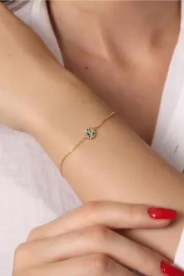 Bilsen Store 925 Ayar Gümüş Zincirli Altın Kaplama Mix Taşlı Güneş Model Bileklik