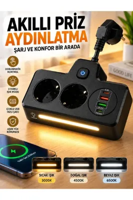 asua 2 Soketli Çoklu Priz | PD20W Type-C + QC3.0 Hızlı Şarj | 2 USB 3.4A Çıkış | Dokunmatik 3 Kademeli Gece Lambası | Açma/Kapama Anahtarı | Aşırı Akım, Aşırı Voltaj ve Isınma Korumalı Çoklu Priz