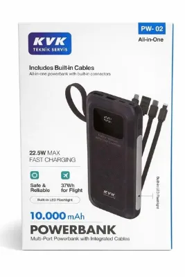 kvk 10000 mAh 22.5W Hızlı Şarj All-in-One Powerbank | 4 Entegre Kablo | LED Fener | Dijital Ekran