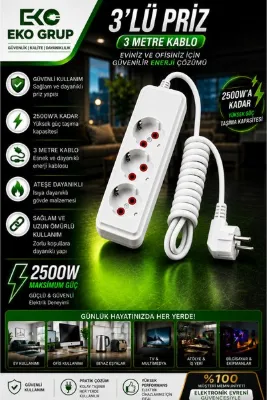 IRONSTAR 3m 3'lü priz / 3'lü uzatma prizi / 3 metre uzatma kablosu / 3 girişli priz / Çoklu priz / Üçlü grup priz / Elektrik uzatma prizi / Ev tipi uzatma prizi / üçlü priz / elektrik çoğaltma / elektrik priz