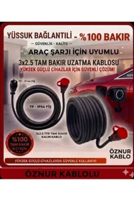 ELEKTRİKLİ ARAÇ ŞARJI İÇİN ( 10 METRE) İP54 (ÇOCUK KORUMALİ) FİŞLİ UZATMA KABLOSU 3X2.5 TTR TAM BAKIR ÖZNUR KABLOLU SEYYAR.