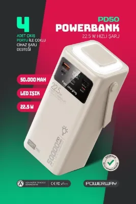 POWERWAY 50.000 mAh PD 22.5w Hızlı Şarj Dahili Kablolu Kamp Taşınabilir Güç Kaynağı Beyaz PD50 Powerbank