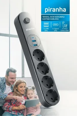 Piranha 45630 Termal Korumalı 4’lü Priz 2 USB 1 Type-C| 2500W 10A Anahtarlı| 2m Kablo