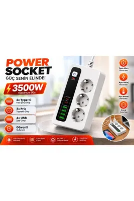 asua 3500W 3'lü Topraklı Akım Korumalı Çoklu Priz | 2 Type-C PD + 4 USB Hızlı Şarj Girişli | Açma/Kapama Anahtarlı | Alev Güvenli Grup Priz Uzatma