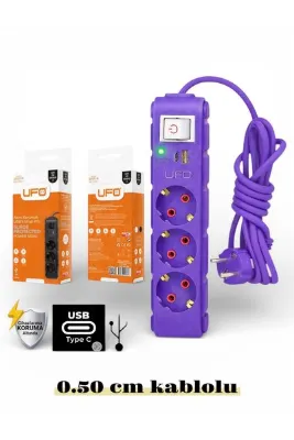 UFO Akım korumalı grup priz 0.50 cm kablolu anahtarlı mor 3 lü ve USB+type-c şarj aleti 3000 watt