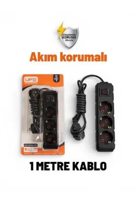 UFO Akım korumalı seyyar grup priz kablolu topraklı 1 metre ((siyah renk )) 3500 watt