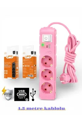 UFO Akım korumalı grup priz 1.5 mt kablolu anahtarlı pembe 3 lü ve USB+type-c şarj aleti 3000 watt