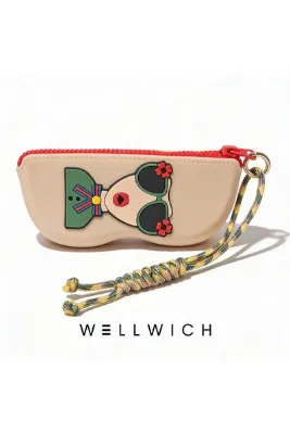 wellwich Silikon Gözlük Kılıfı Güneş Gözlüğü Optik Gözlük Koruyucu Fermuarlı Kutu Bej Renk-Yeşil Çantaya ve Bileğe Takmalı Aksesuarlı