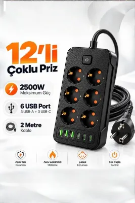 Tinytek 12 Çıkışlı Akım Korumalı Grup Priz - 6 AC + 3 USB-A + 3 Type-C Şarj Çıkışlı 2500W Çocuk Korumalı 2 Metre Çoklu Priz