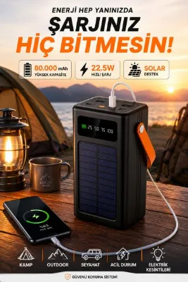 VOOKA 80.000 mAh Solar Powerbank Hızlı Şarj Güneş Enerjili Dijital Göstergeli 4 USB Çıkışlı Type-C Outdoor Kamp Taşınabilir Şarj Cihazı