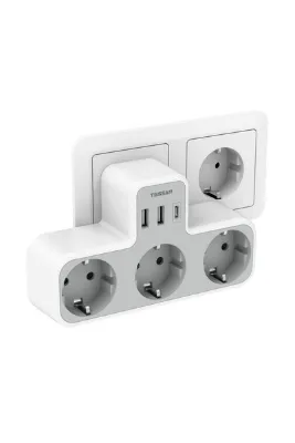 TESSAN 7'si 1 Arada Priz Çoklayıcı - 4'lü Schuko Priz, 3 USB Portlu (1 USB-C), 4000W Güç Kapasiteli Priz