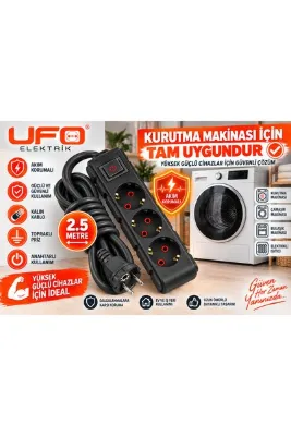 UFO 2.5 Metre Kurutma Makinesi Uzatma Kablosu 3x2,5 mm² Bakır Kablo 16A Topraklı Priz 3 lü akım korumalı anahtarlı grup priz (siyah) 1.sınıf kaliteli