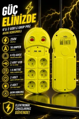 Ecuy 6'lı Grup Priz 2 USB'li 1.5 Metre Akım Korumalı Çift Anahtarlı Uzatma Kablosu 16A 250V Ev Ofis