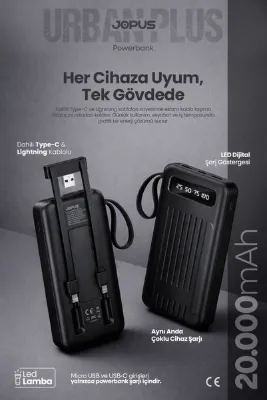 Jopus 20000mAh PowerBank Dahili Kablolu, LCD Ekranlı, LED Lambalı, Taşınabilir Şarj Cihazı - Siyah JP-P11A