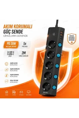 Nivego Nvg PD20C Akım Korumalı 5'li Priz 2M Kablolu 2 USB + 2 Type-C USB-C Çoklu Priz Anahtarlı FTR-28 Masaüstü Priz