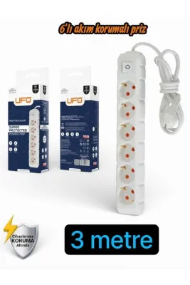 UFO Akım Korumalı 3 mt Kablolu Grup Priz Max 3500W 16 Amper Aşırı Yük Koruması 6lı Çoklu Priz Beyaz