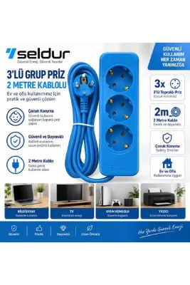 SELDUR 3’lü Topraklı Grup Priz 2 Metre Kablolu Çocuk Korumalı Mavi