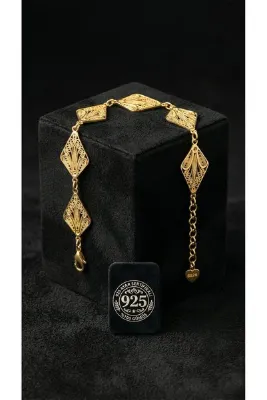 Roza Silver 925 Ayar Geleneksel Telkari El İşi Altın Kaplama Karo-Mekik Sıralı Gümüş Bileklik