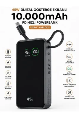 DEANB 10000mAh Powerbank PD 45W Hızlı Şarj Dijital Ekranlı Dahili Type-C Kablolu Taşınabilir Şarj Cihazı