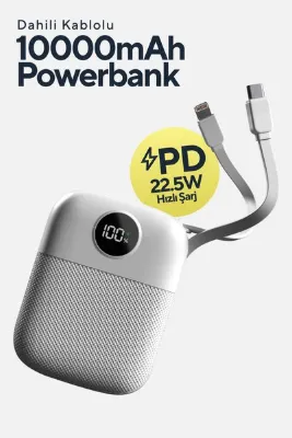 S-LINK Mp110 10000Mah Pd22.5W Type-C+Lightning Kablolu Beyaz Pil Şarj Cihazı Powerbank