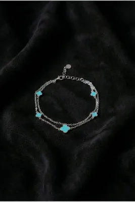 Roza Silver 925 Ayar Rodyum Turkuaz Mineli İki Sıralı Yonca Charm Gümüş Bileklik