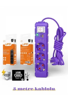 UFO Akım korumalı grup priz 5 mt kablolu anahtarlı mor 3 lü ve USB+type-c şarj aleti 3000 watt