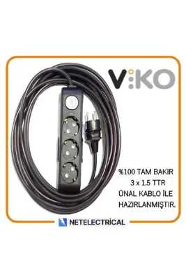VİKO Multi-let Siyah 3'lü Anahtarlı 4 Metre Topraklı Çocuk Korumalı Kablolu Grup Priz