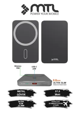 MTL 5000 mAh 15W + 20W Metal Ultra İnce Led Göstergeli 35W Turbo Şarj Magsafe Powerbank MT4620