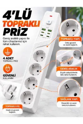 MATECHNO 4'lü 3000W Grup Priz 6 USB Girişli 2xUSB-A 4xUSB-C Type-C Çoklu Şarj İstasyonu Açma Kapama Düğmeli