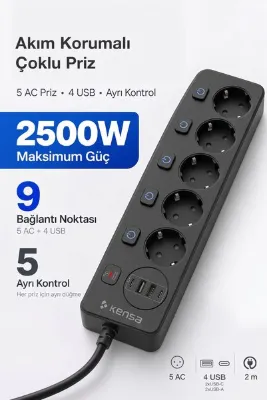 Kensa Akım Korumalı Priz 5'li + 2X USB-A + 2X USB-C (2 Metre Kablo)