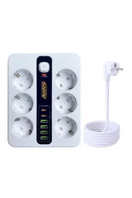 leeways Akım Korumalı 6'lı Grup Priz 4 USB'li ve 2 TYPE-C li 6'lı Grup Priz 2 m Kablo Çocuk Korumalı